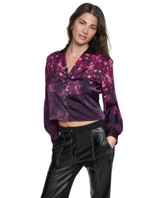Women's Long-Sleeve Button-Down Faux Leather Collar Blouse