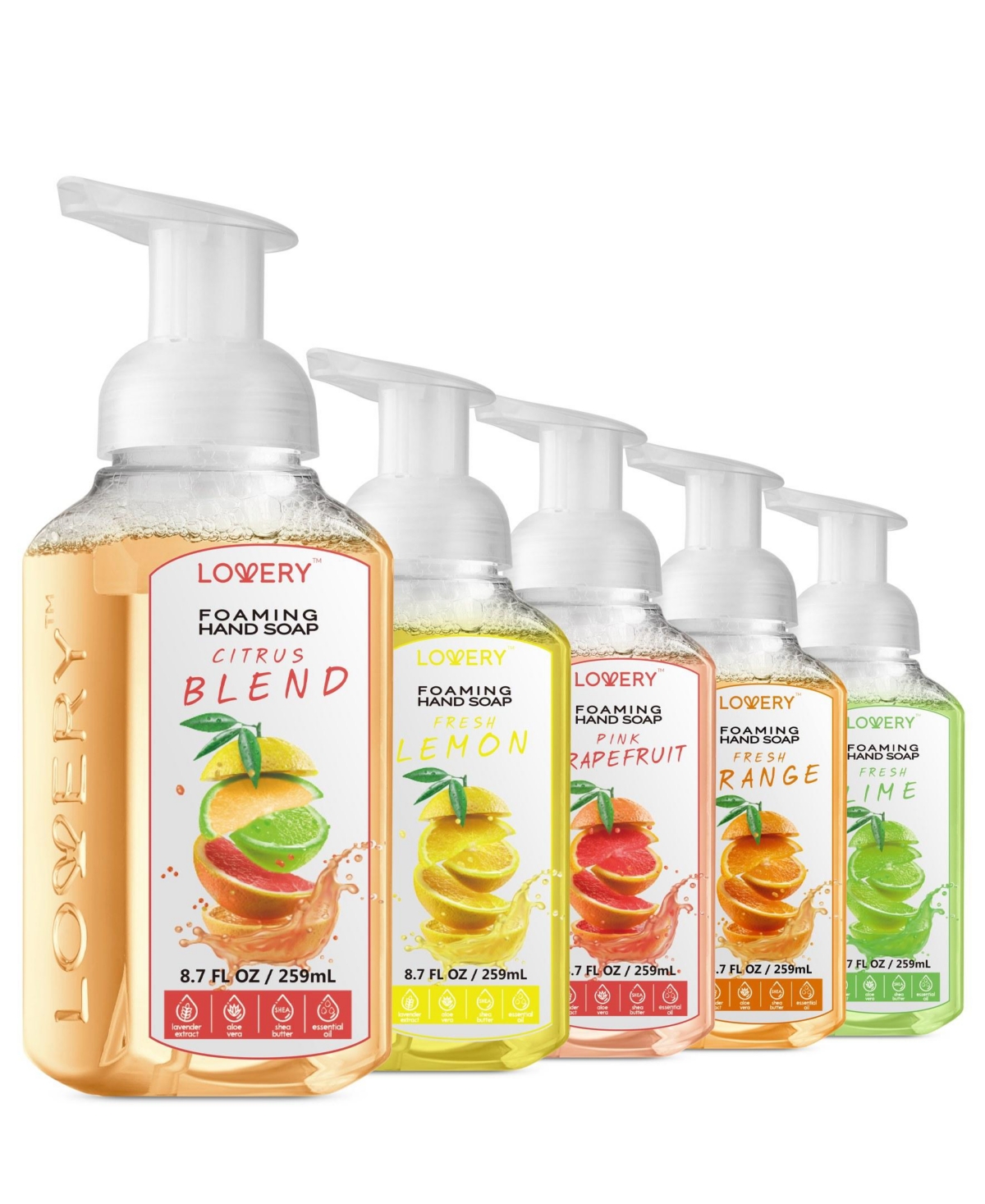 Lovery Hand Foaming Soap in Citrus Blend, Lemon, Orange, Lime, Pink Grapefruit, Moisturizing Hand Soap -5 Piece Hand Wash Set - Multi