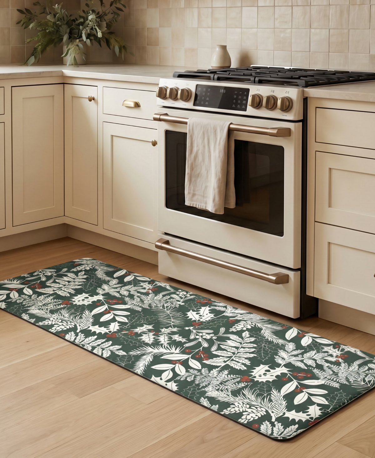 Laura Ashley Christmas Holly Leaves Non-Slip Kitchen Wellness Mat, 17.5" x 48"