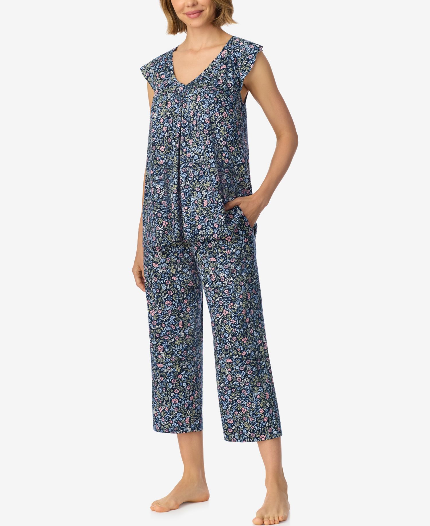 Women's Flutter Raglan Sleeve Top with Cropped Pant V-Neck Pajama Set