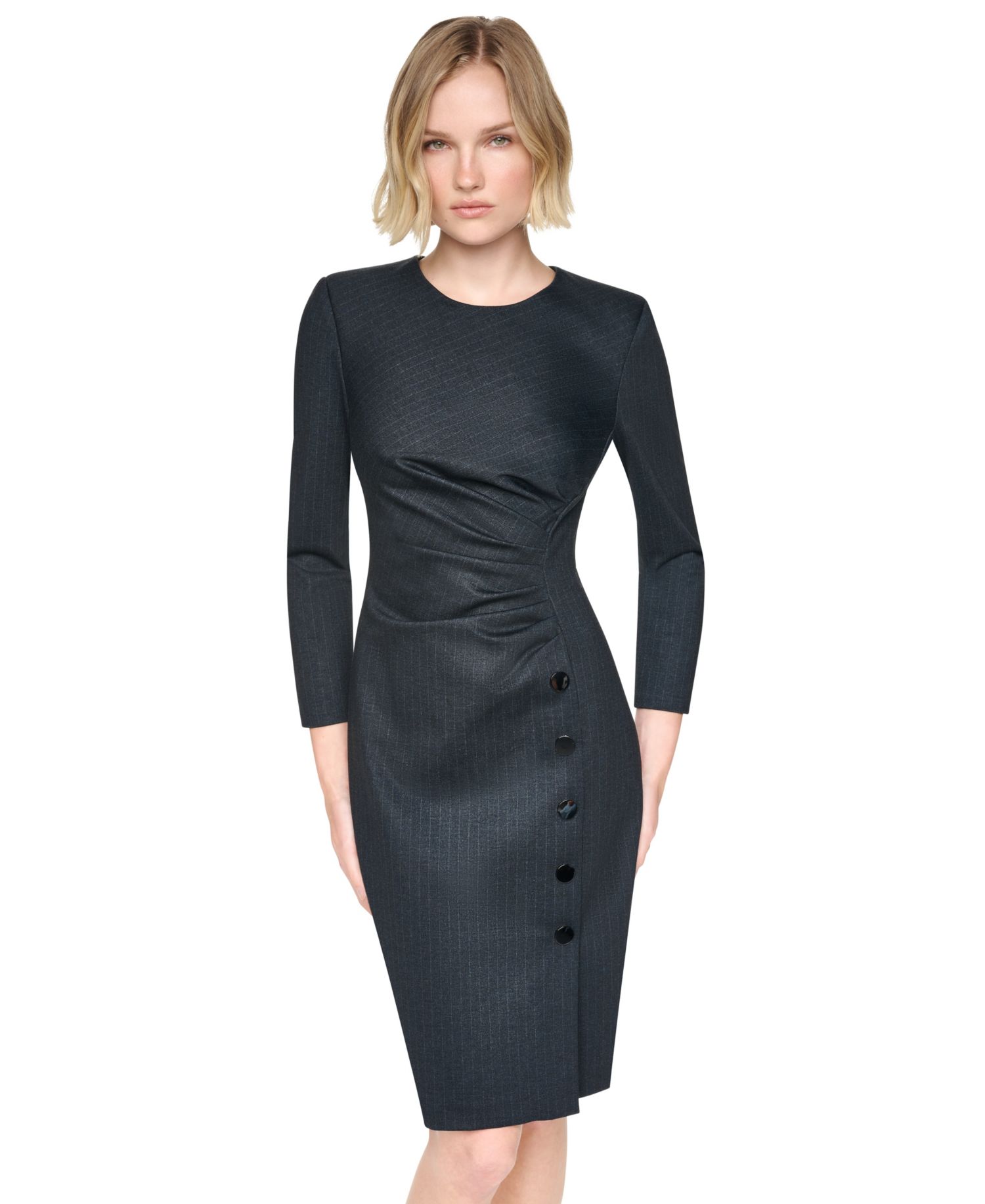 Women's Long-Sleeve Ruched Knee-Length Sheath Dress
