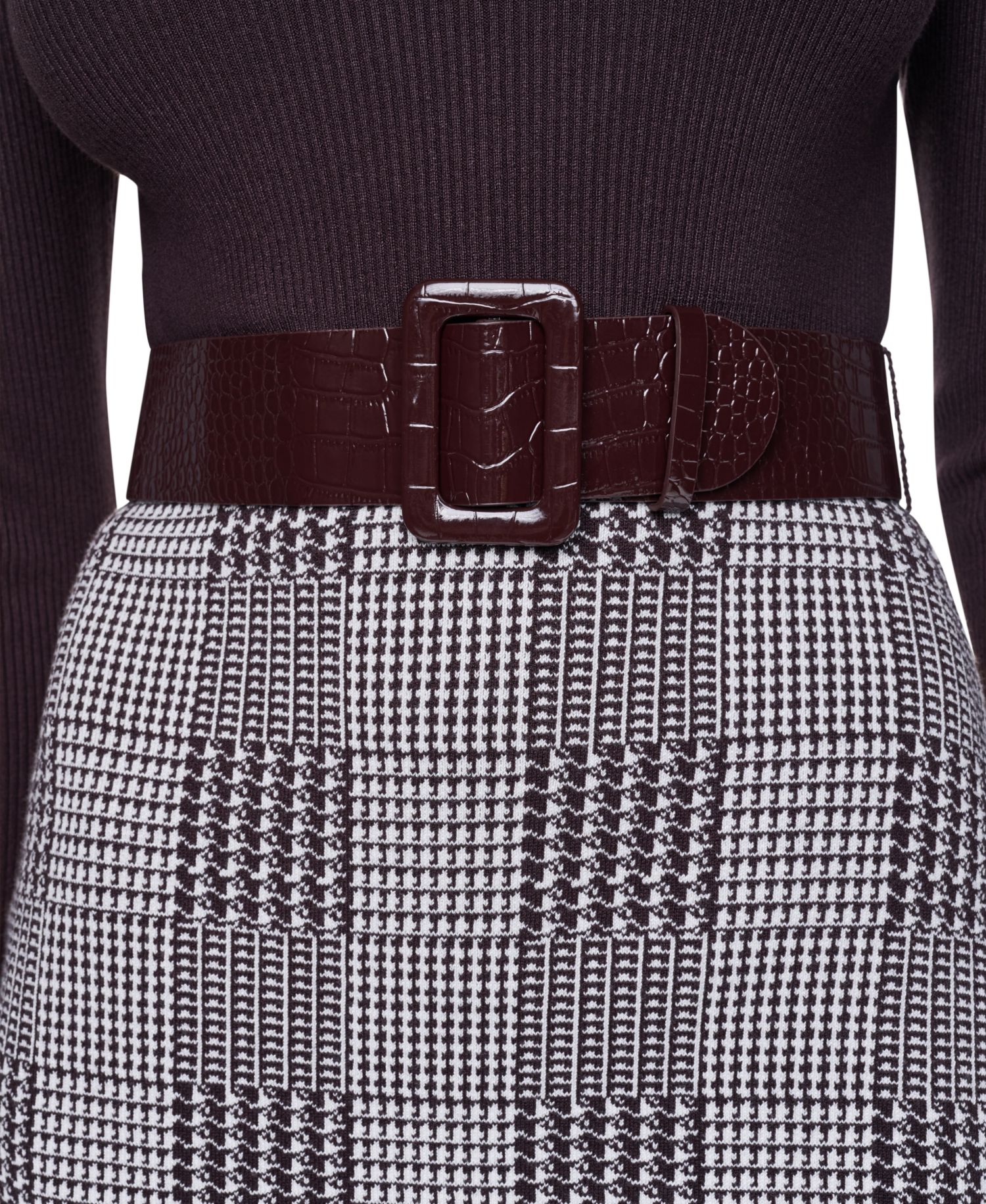 Women's Houndstooth Plaid V-Neck Long-Sleeve Sweater Dress
