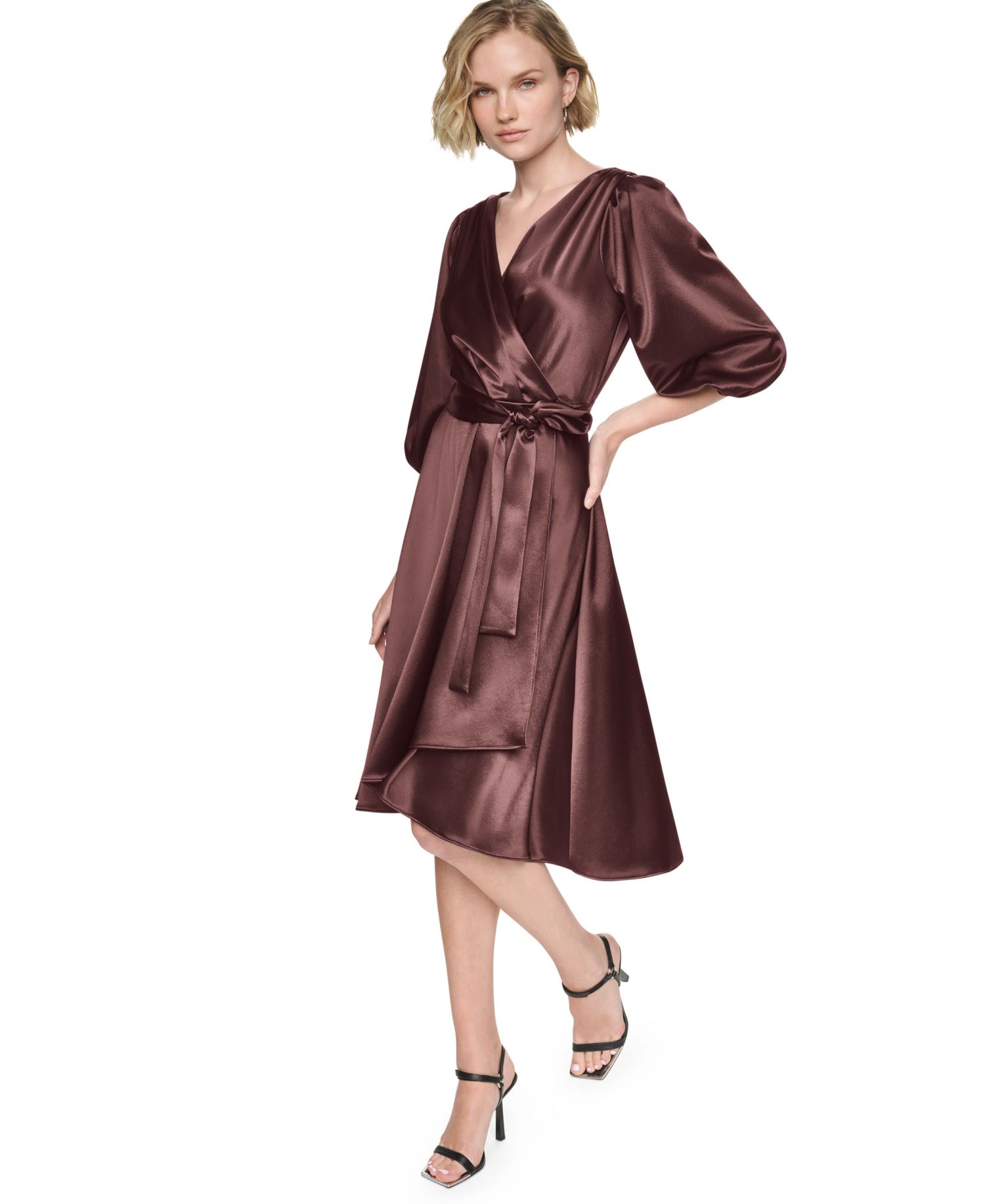 Women's Balloon-Sleeve Satin Faux-Wrap Dress
