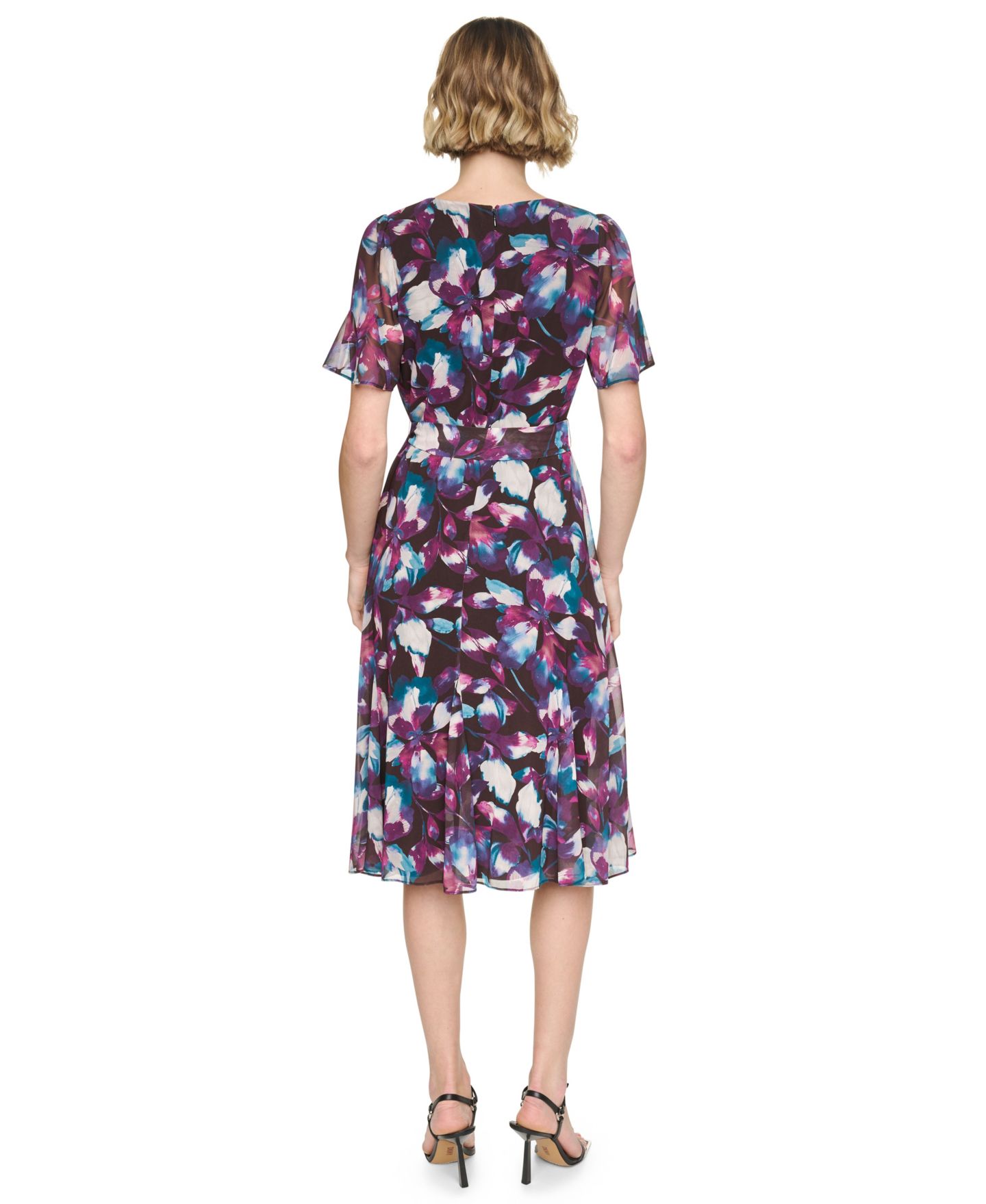 Женское платье DKNY Floral-Print A-Line Godet Sleeve Midi, цвет: Шоколадный сливовый / Кипарисовый — фото 5