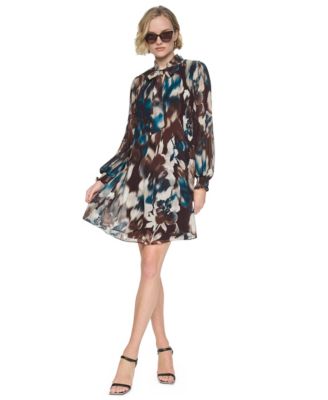 Women's L/S Pleated Tie Neck Floral Shift Dress