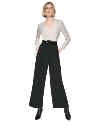 Women's 3/4 Sleeve Wide-Leg Surplice Jumpsuit