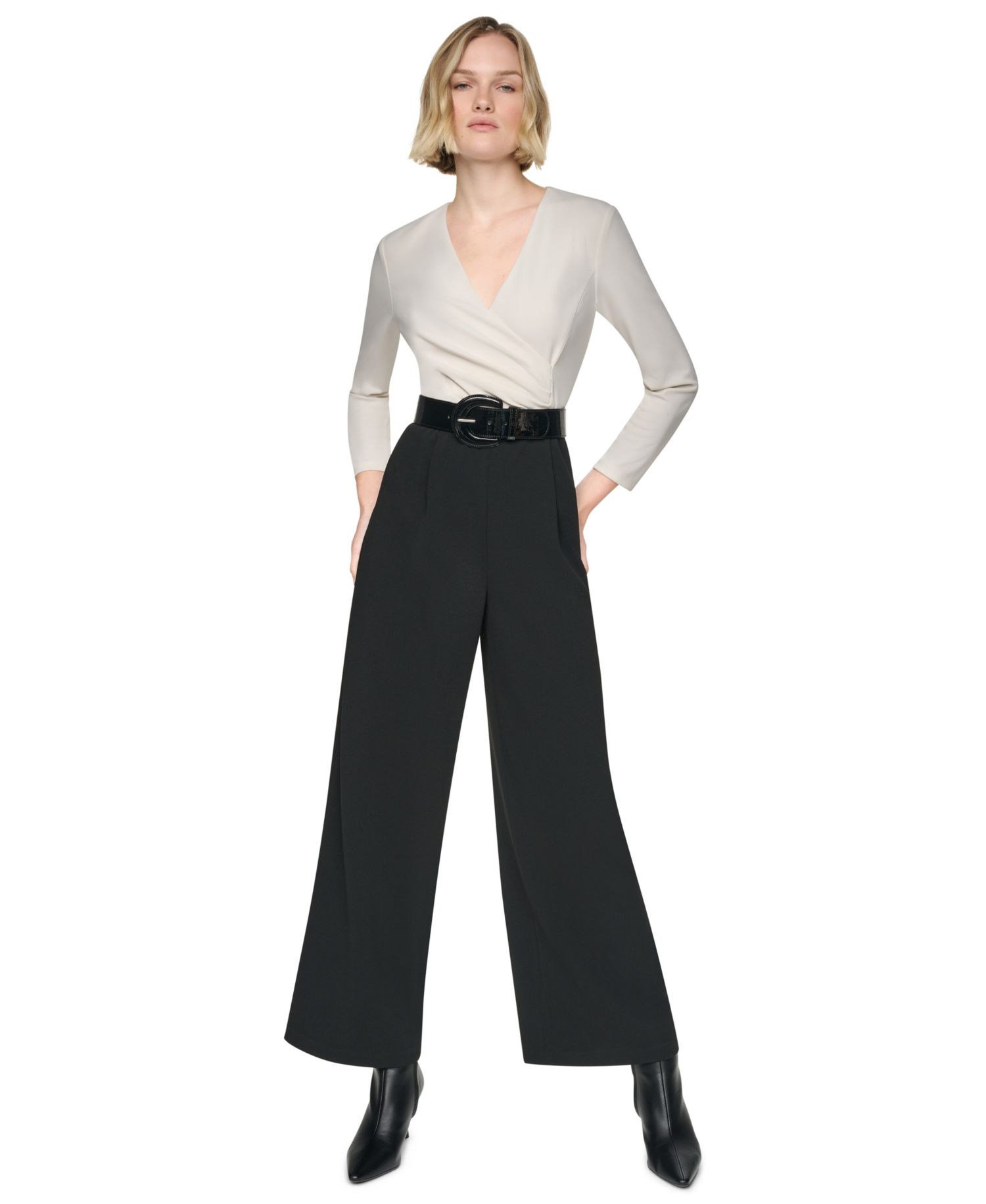 Women's 3/4 Sleeve Wide-Leg Surplice Jumpsuit