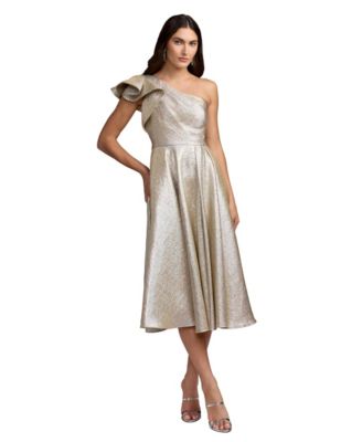 Women's One-Shoulder Ruffle Metallic Midi Dress