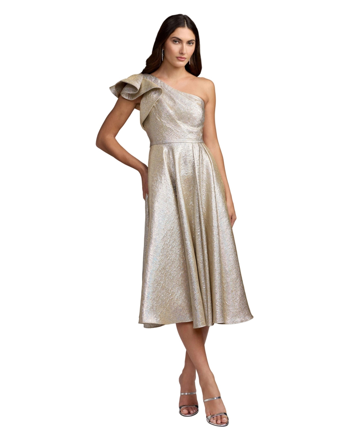 Mac Duggal Women's One-Shoulder Ruffle Metallic Midi Dress - Oyster