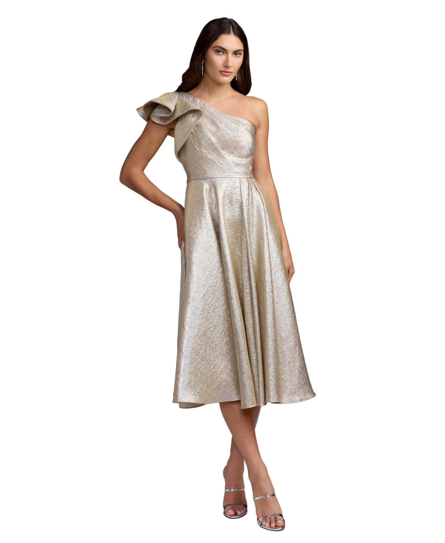 Women's One-Shoulder Ruffle Metallic Midi Dress