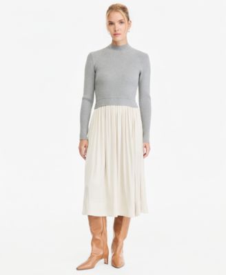 Women's Mock Neck Long Sleeve Sweater Mixed Media Midi Dress