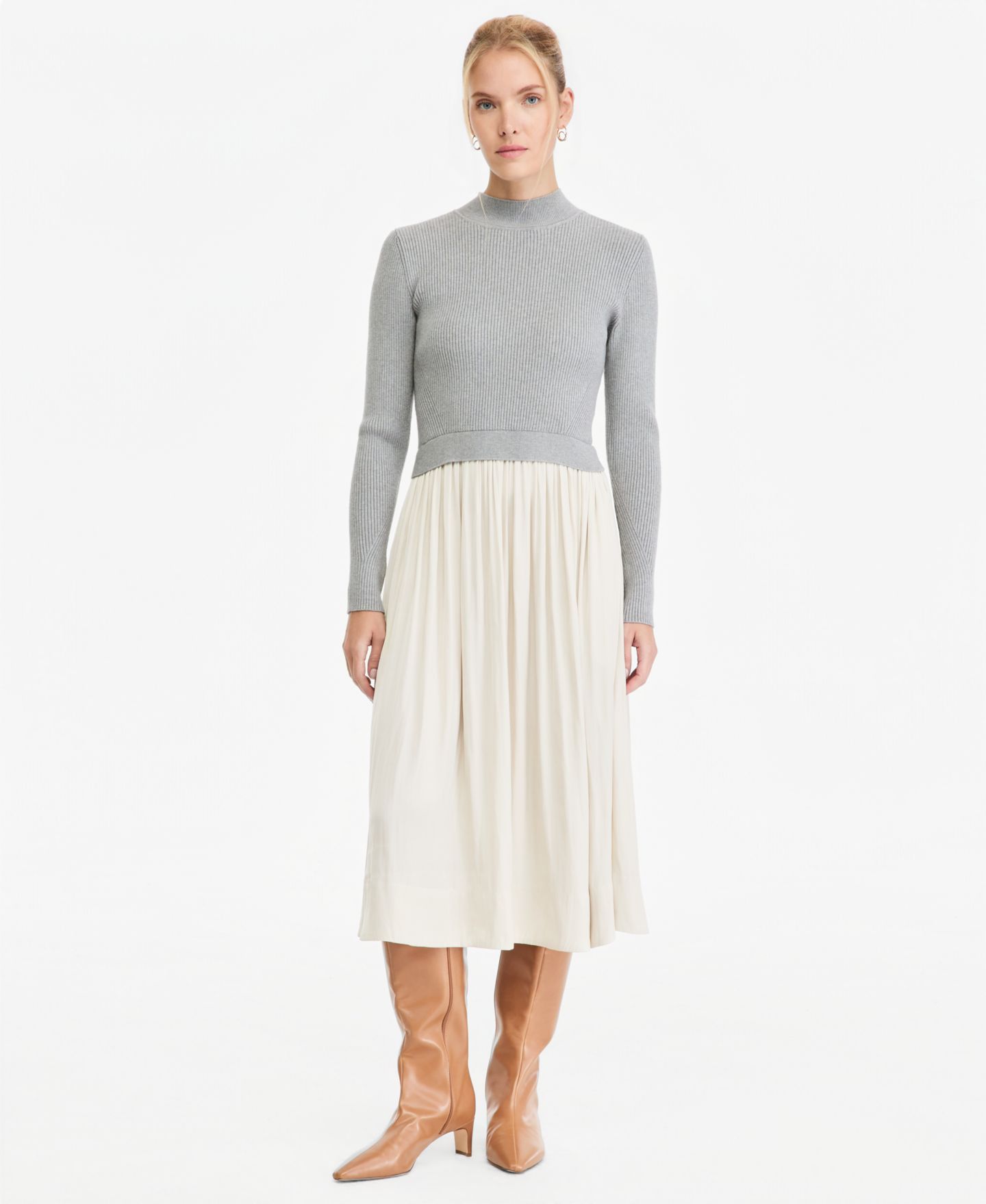 Женское платье On 34th Mock Neck Long Sleeve Sweater Mixed Media Midi, цвет: Слоновая кость — фото 1