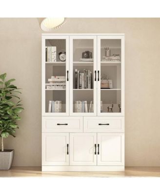 47.2 in. Wide x 78.9 in. H 8-Shelf Wood Standard Bookcase With Adjustable Shelves, Tempered Glass Doors, Drawers
