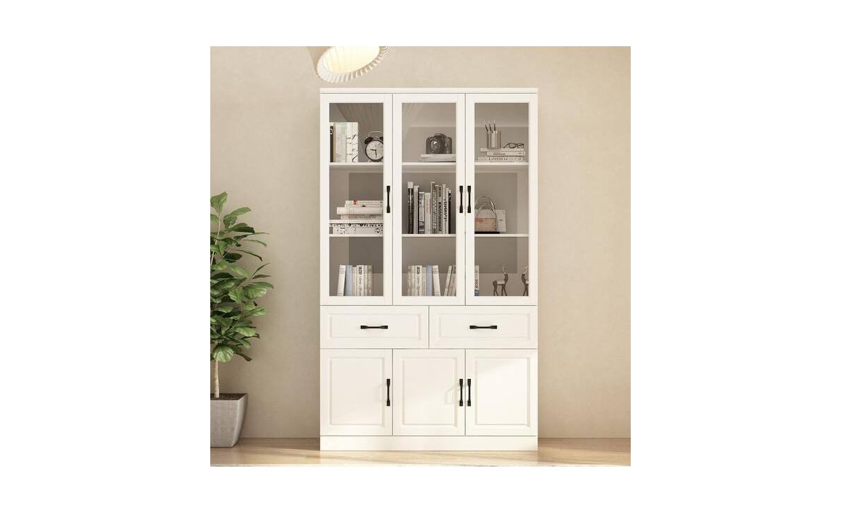 Fufu&Gaga 47.2 in. Wide x 78.9 in. H 8-Shelf Wood Standard Bookcase With Adjustable Shelves, Tempered Glass Doors, Drawers - White