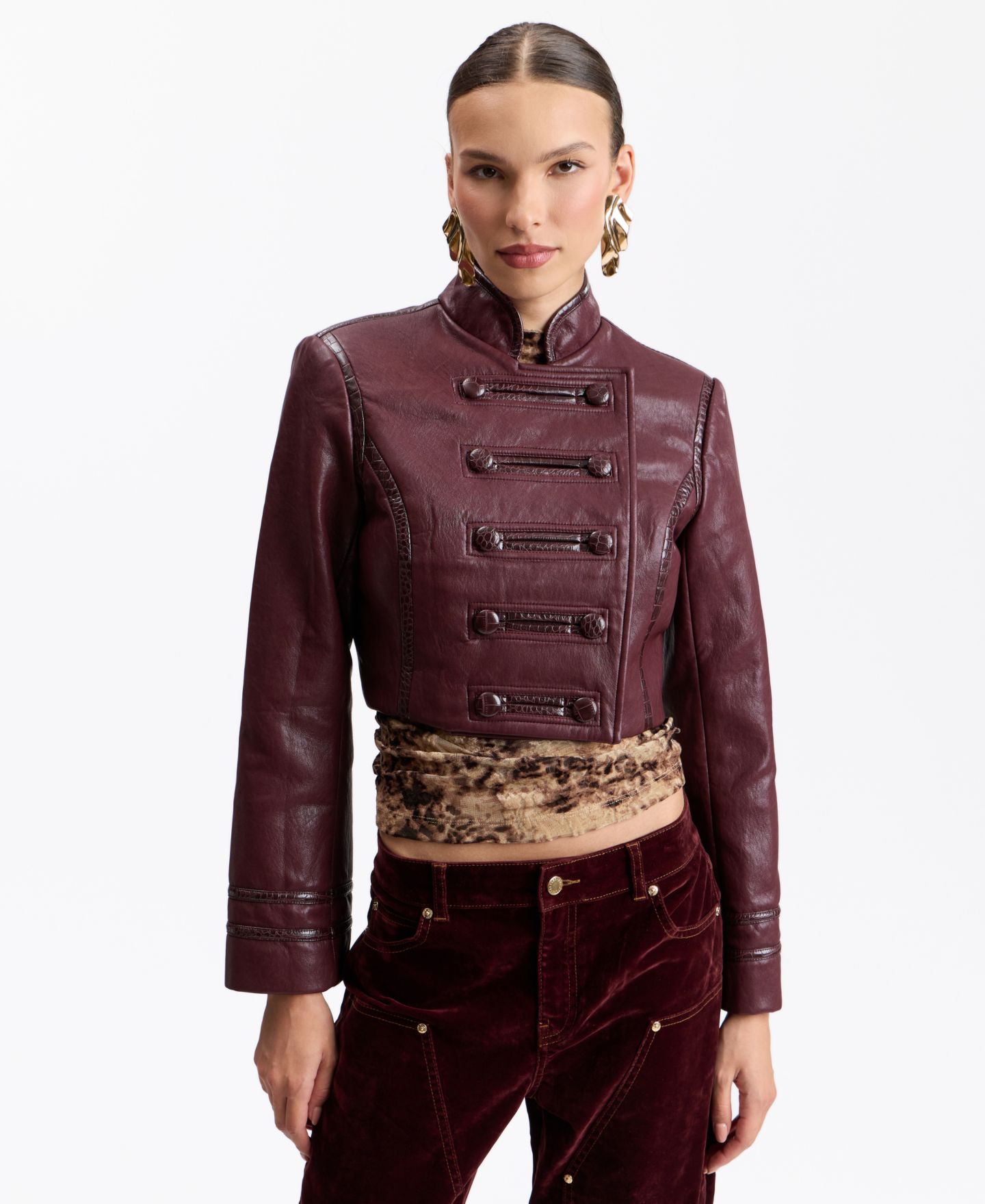 Женская куртка Avec Les Filles Double-Breasted Military-Style Cropped Faux Leather, цвет: Винный — фото 2