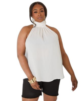 Women's High-Neck Crepe Keyhole-Back Top