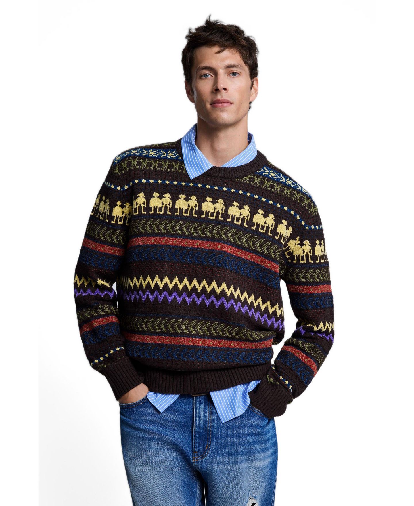 Мужской свитер Desigual Crewneck Long-Sleeve Sweater, цвет: Коричневый — фото 3
