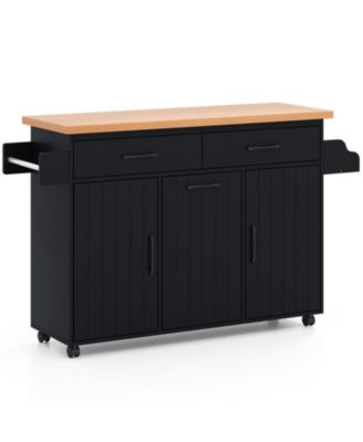 Mobile Kitchen Island Table with Hidden Trash Storage Pull-Out Drawers and Adjustable Shelves
