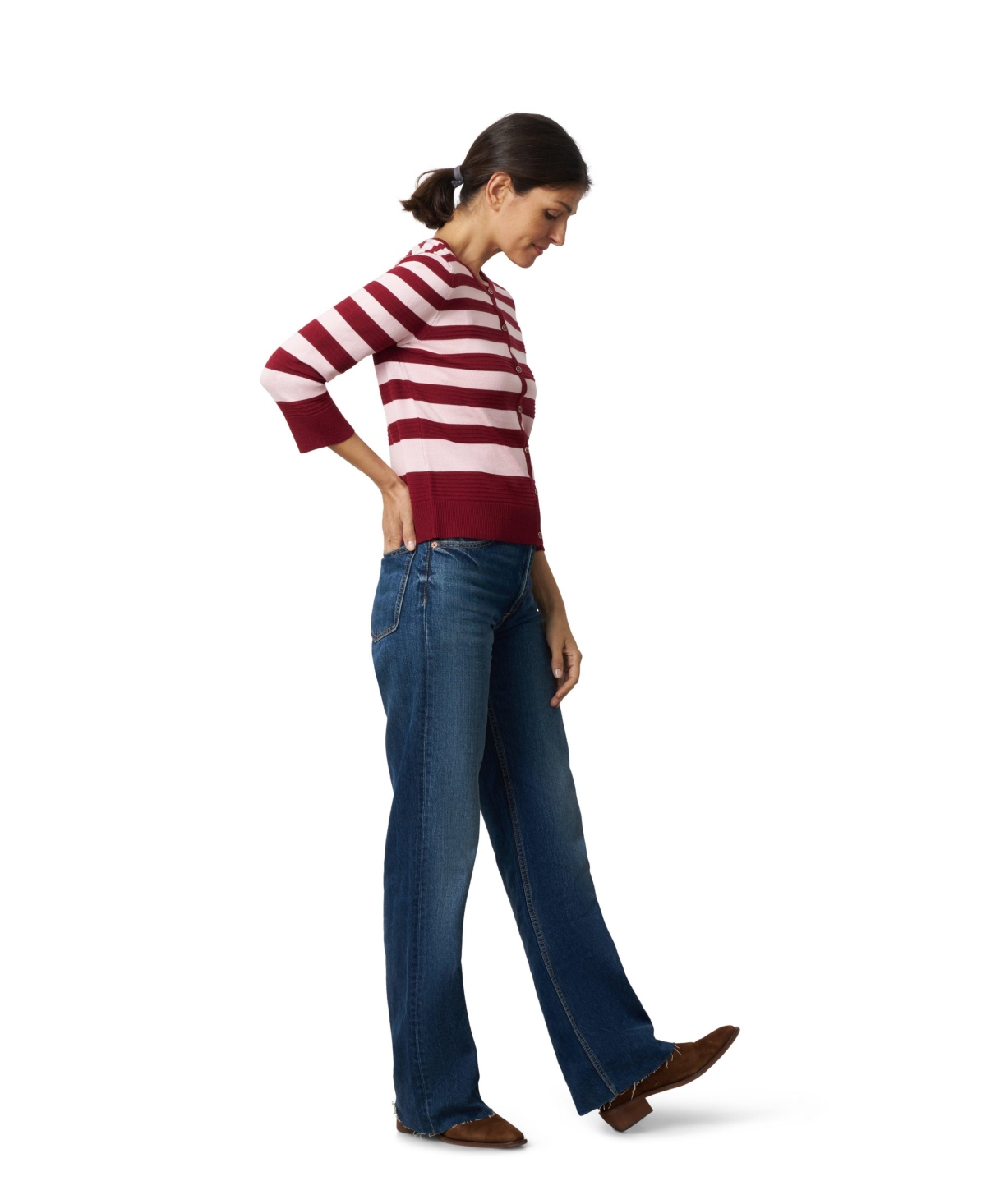 Cable & Gauge Women's Textured Variegated Stripe Crewneck Cardigan