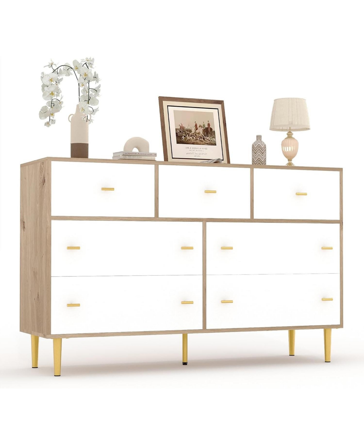 gaomon 7 Drawer Dresser for Bedroom, Wood Chest Dresser of Drawer Closet White Pnie Farmhouse Storage Wood Chest with Metal Handles - Pine white