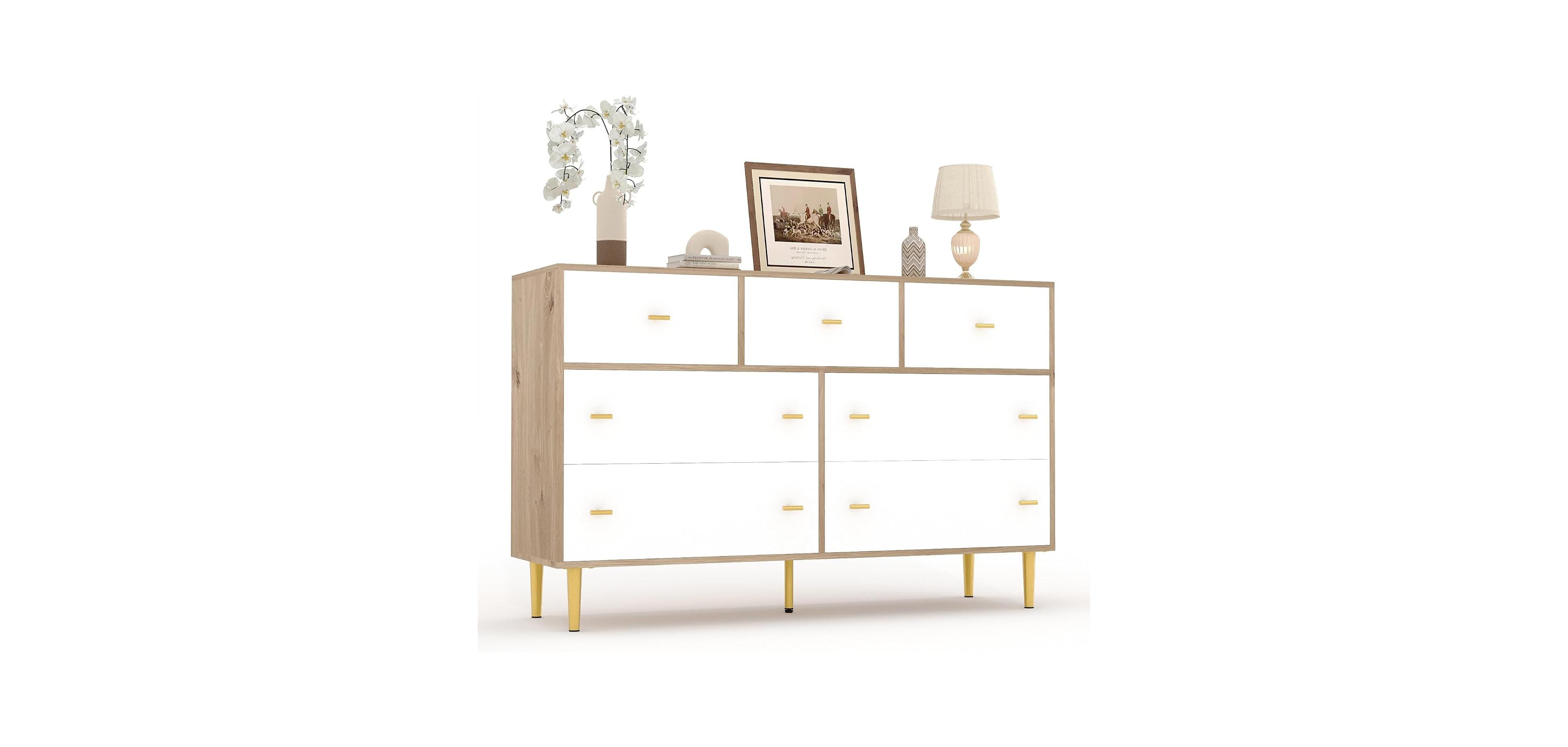 gaomon 7 Drawer Dresser for Bedroom, Wood Chest Dresser of Drawer Closet White Pnie Farmhouse Storage Wood Chest with Metal Handles
