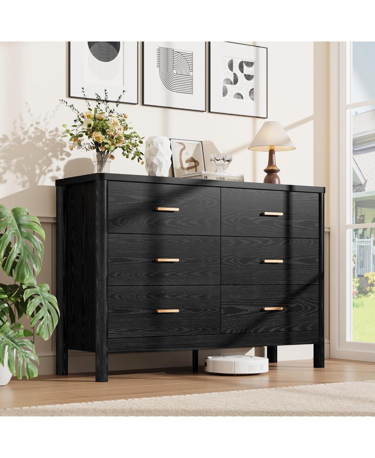 gaomon 6 Drawer Dresser, 47.24" Wide Modern Chest of Drawers with Cylindrical Legs, Metal Handles and Anti-Tip Design - Black
