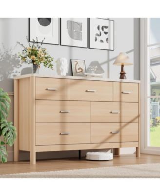 7 Drawer Dresser for Bedroom, 53.15" Wide Farmhouse Chest of Drawers with Cylindrical Legs, Quiet Ball-Bearing Slides and Anti-Tip