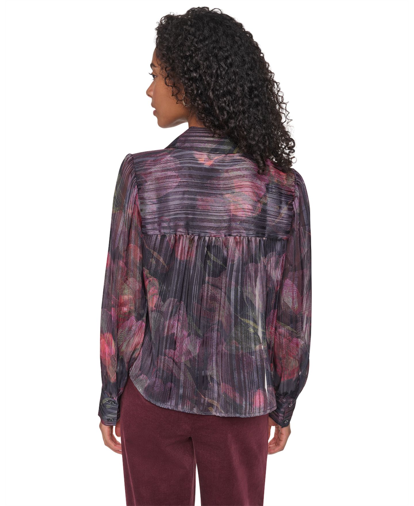 Женская блузка DKNY Petite Puff-Sleeve Button-Front Blouse, цвет: Чёрный малиновый разноцветный — фото 7