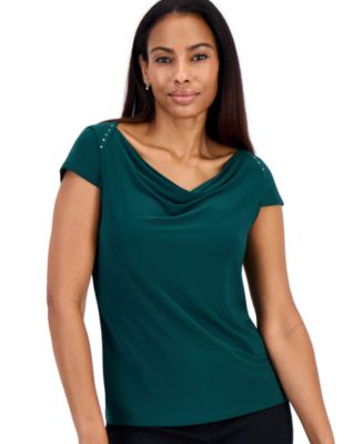 Women's Cowl Neck Cap Sleeve Shoulder Yoke Blouse