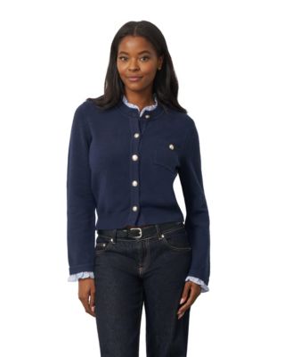 Women's Ruffle Trim Crewneck Long-Sleeve Cardigan