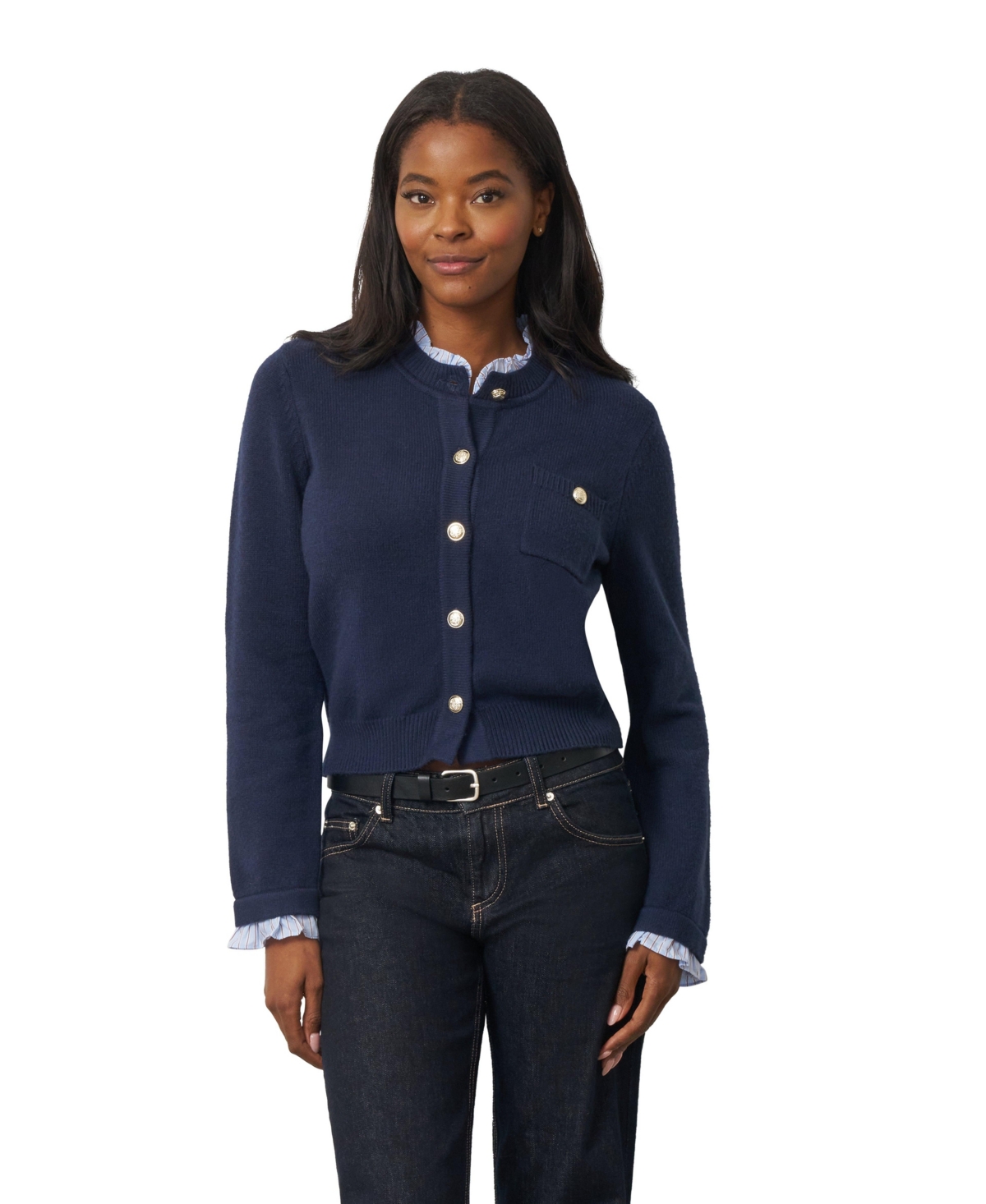 Cable & Gauge Women's Ruffle Trim Crewneck Long-Sleeve Cardigan