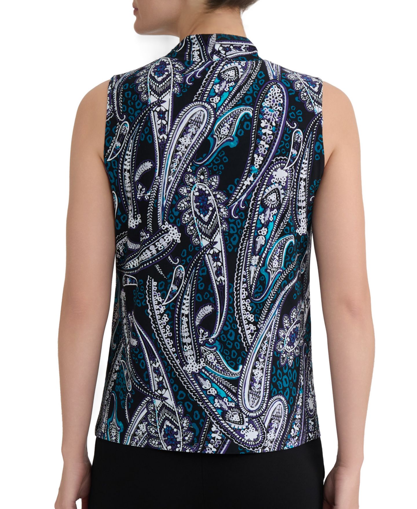 Женская блузка Kasper V-Knot-Neck Sleeveless Blouse, цвет: Чёрный разноцветный — фото 8