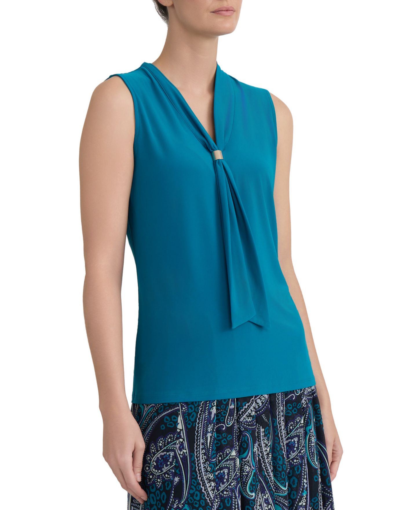 Женская блузка Kasper Embellished Tie-Neck Sleeveless Blouse, цвет: Бирюзовый — фото 6
