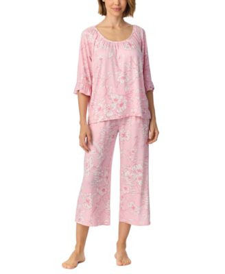 Women's Above-Elbow Raglan Sleeves with Ruffle Wide-Leg Cropped Pant Pajama Set