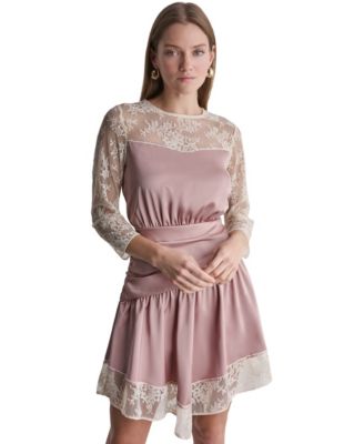 Women's Long-Sleeve Mini Lace Trim Fit & Flare Dress