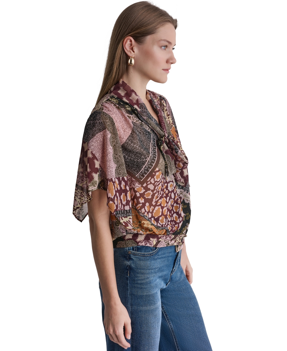 Bcbg Women's Bow Neck Mixed Print Short-Sleeve Blouse