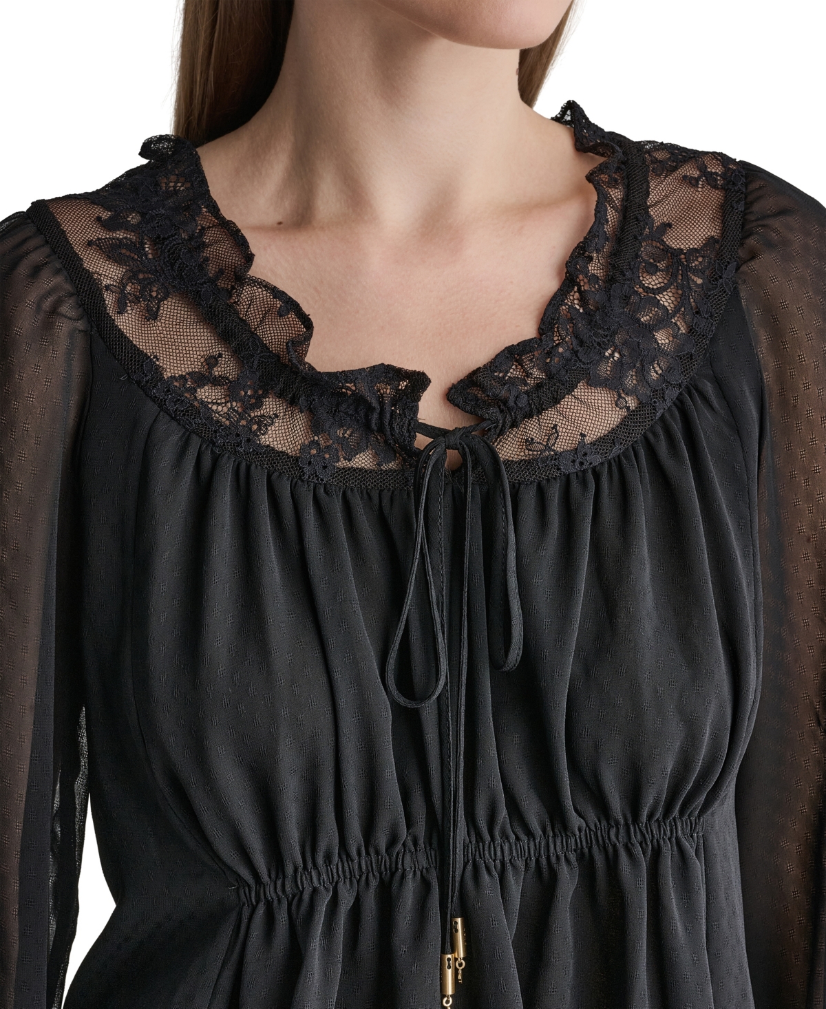 Bcbg Women's Scoop Neckline Lace-Trim Long-Sleeve Blouse