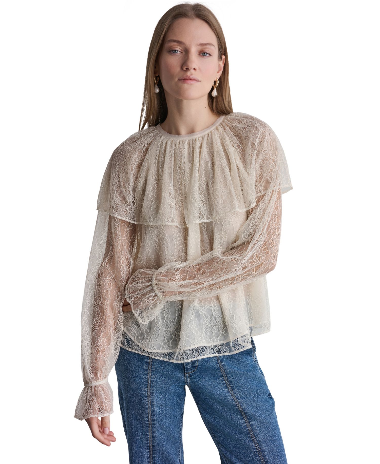 Women's Long-Sleeve Lace Cape Blouse