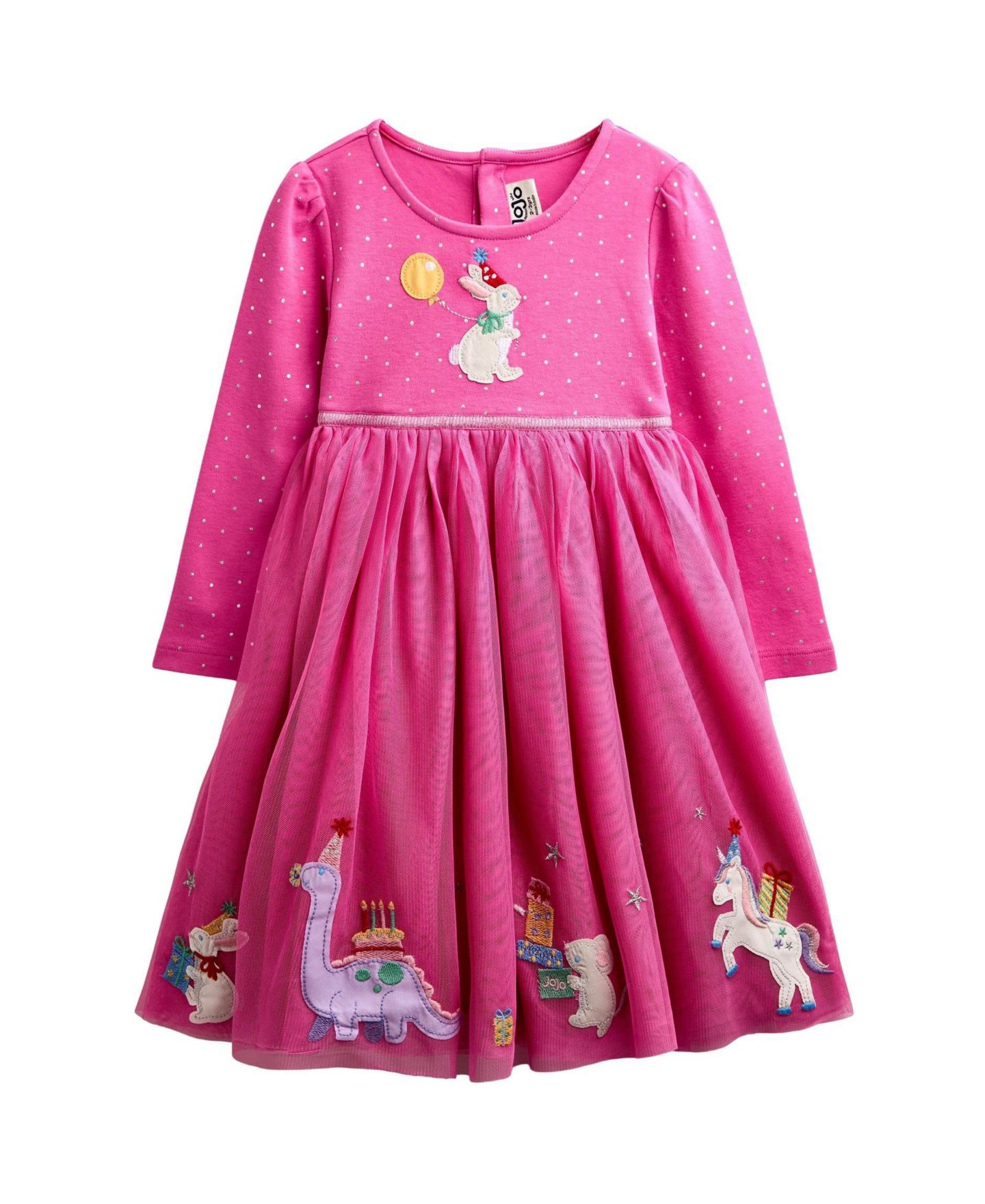 Платье JoJo Maman Bébé Long-Sleeve Appliqué Tulle Dress для девочек-малышей, цвет: Яркий розовый — фото 1
