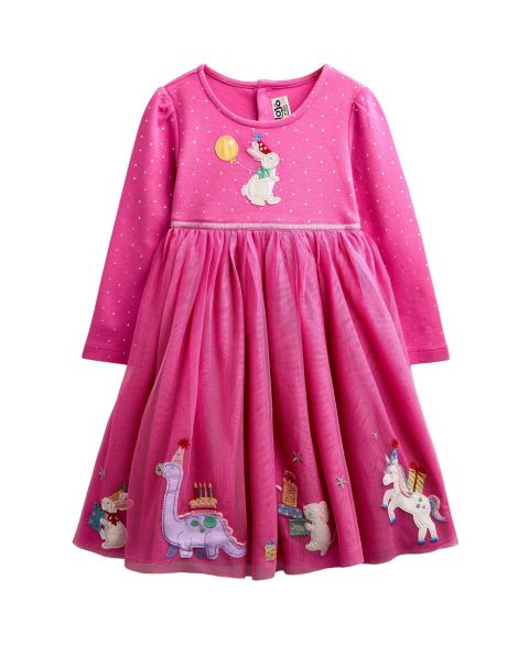 Платье JoJo Maman Bébé Long-Sleeve Appliqué Tulle Dress для девочек-малышей, цвет: Яркий розовый