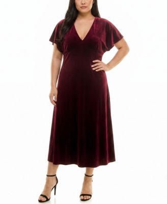 Plus Size Flutter Sleeve Midi Velvet Fit & Flare Dress