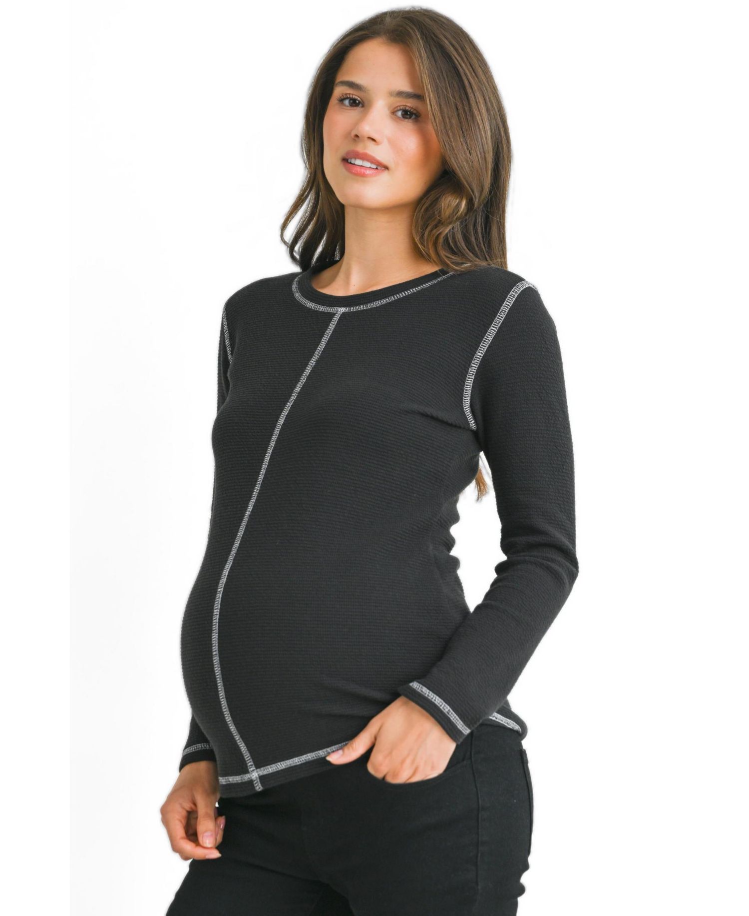 Maternity Waffle-Knit Crewneck Long-Sleeve Top