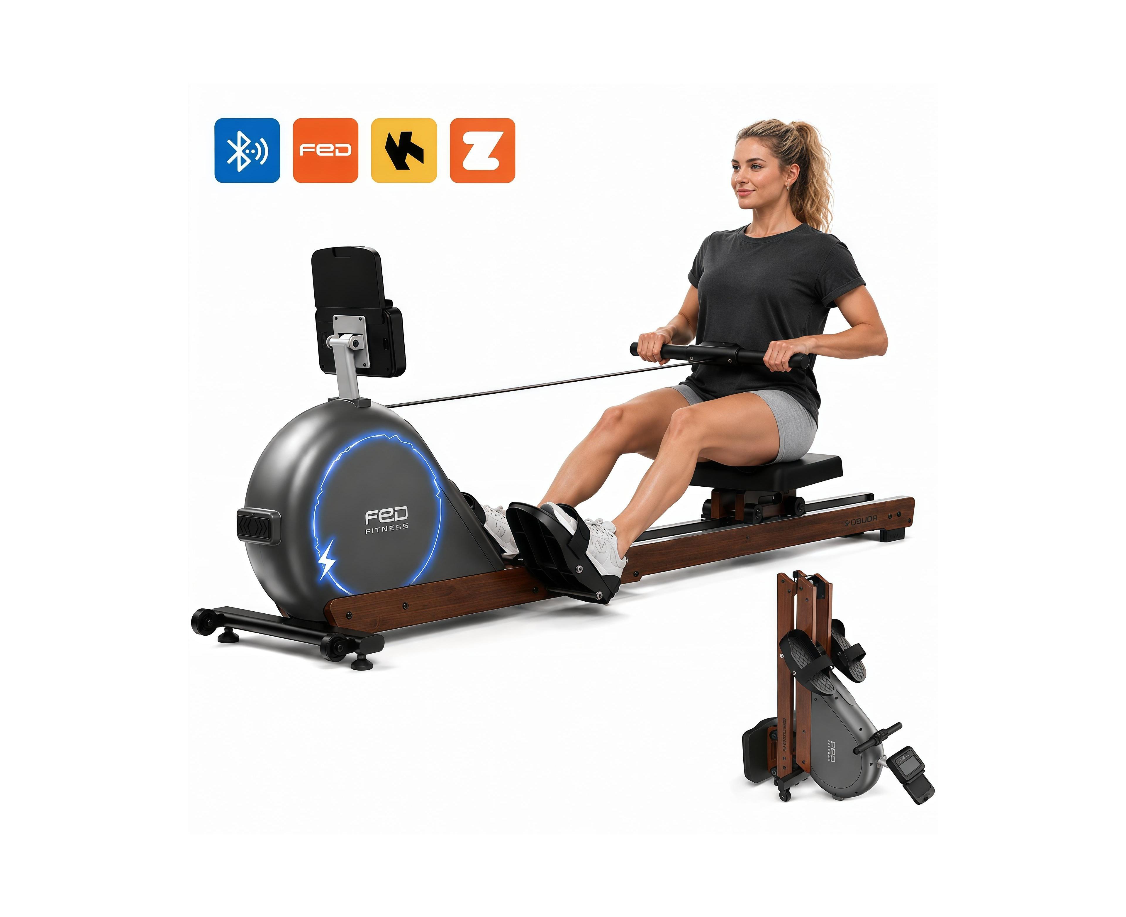 Gen4 Self Powered Rowing Machine, Fsc Oak Aluminum Rail, 32 Level Magnetic Foldable Rower with Lcd, Bluetooth 400LBS Capacity