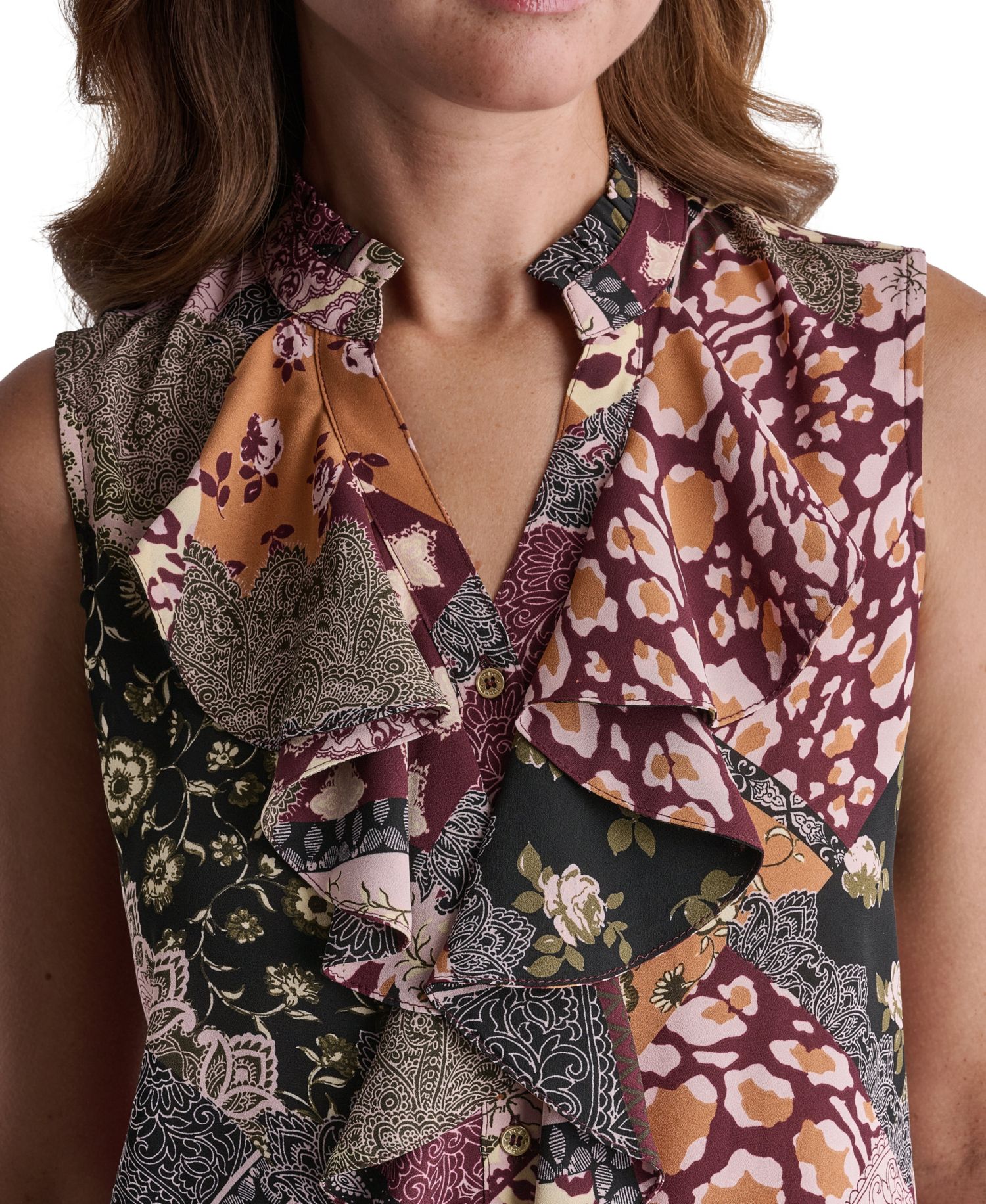 Women's Ruffle Mixed Print Button-Front Blouse