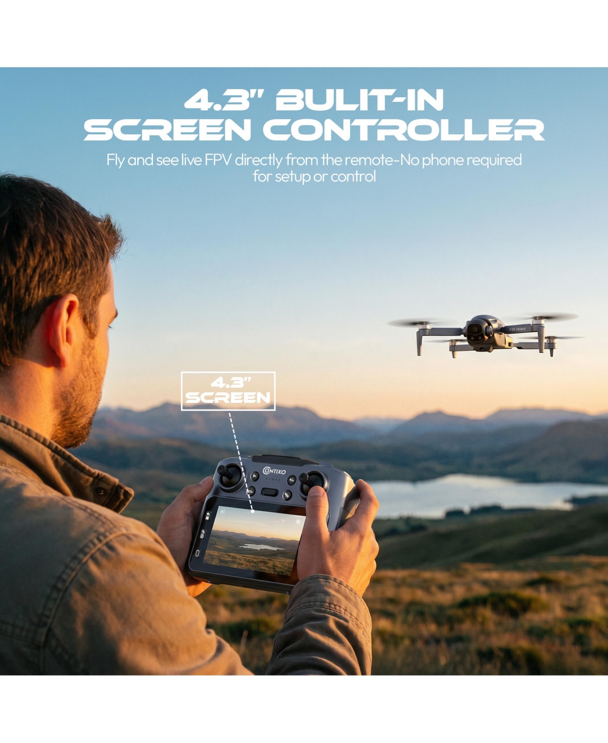 Contixo F26 Volant Fpv Drone, 2 Batteries with 18 Min Flight Each, 4.3" Screen Controller, Optical Flow, 4-Sided Obstacle Avoidance, Ages 14+
