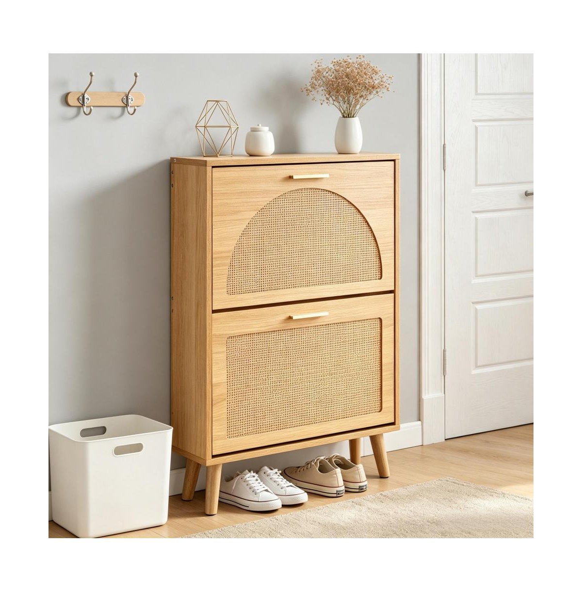Slickblue Compact Shoe Cabinet with Space-Saving Design, Wood Legs and Handles