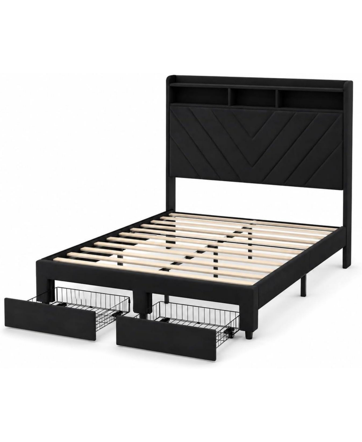 Gaomon Soft Velvet Upholstered Platform Bed Frame With Charging Station And 2 Storage Drawers, 52 Inch Two Tier Headboard