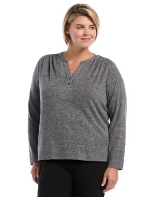 Plus Size Shirred Split Neck Long Sleeve T-Shirt
