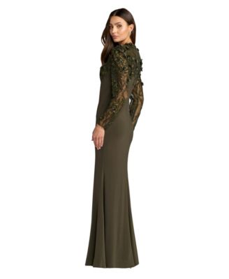 olive green long dress with sleeves pattern_solid