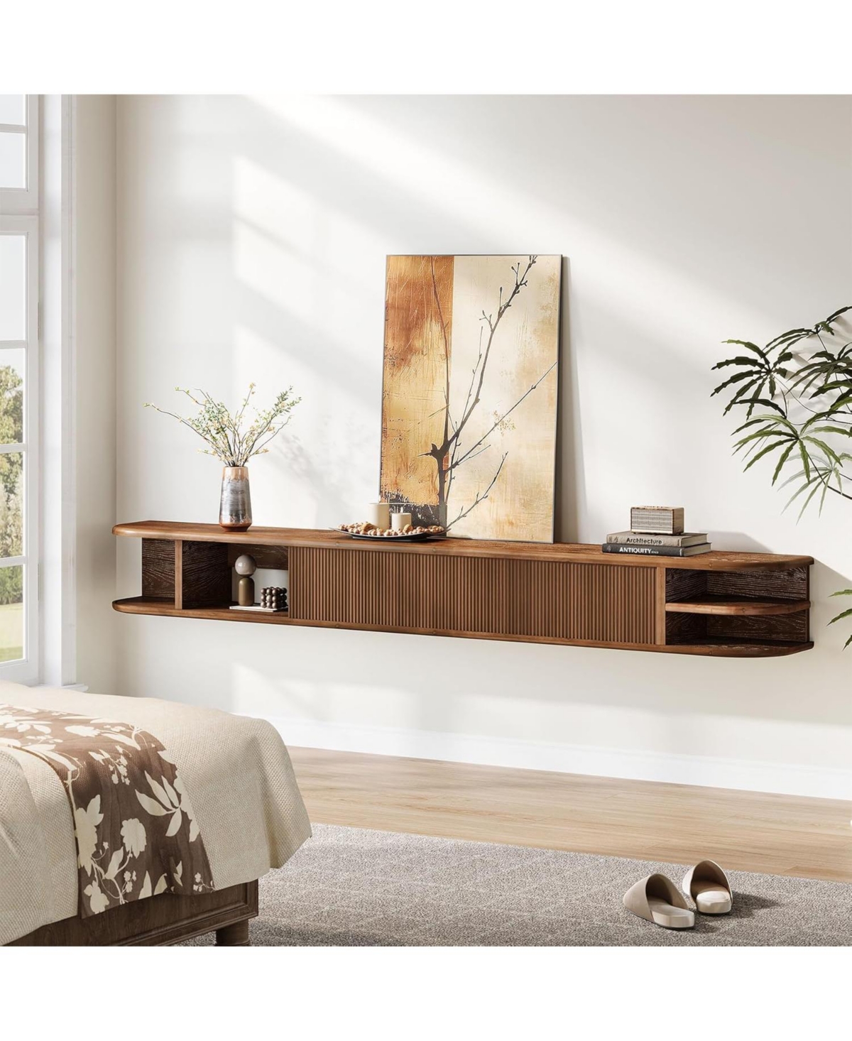 Tribesigns Floating Tv Stand with Fluted Storage Doors, Solid Wood Media Tv Stand with Cable Management, Entertainment Center